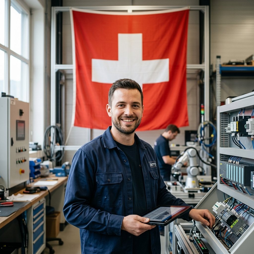 Automaticien travaillant sur une ligne de production en Suisse