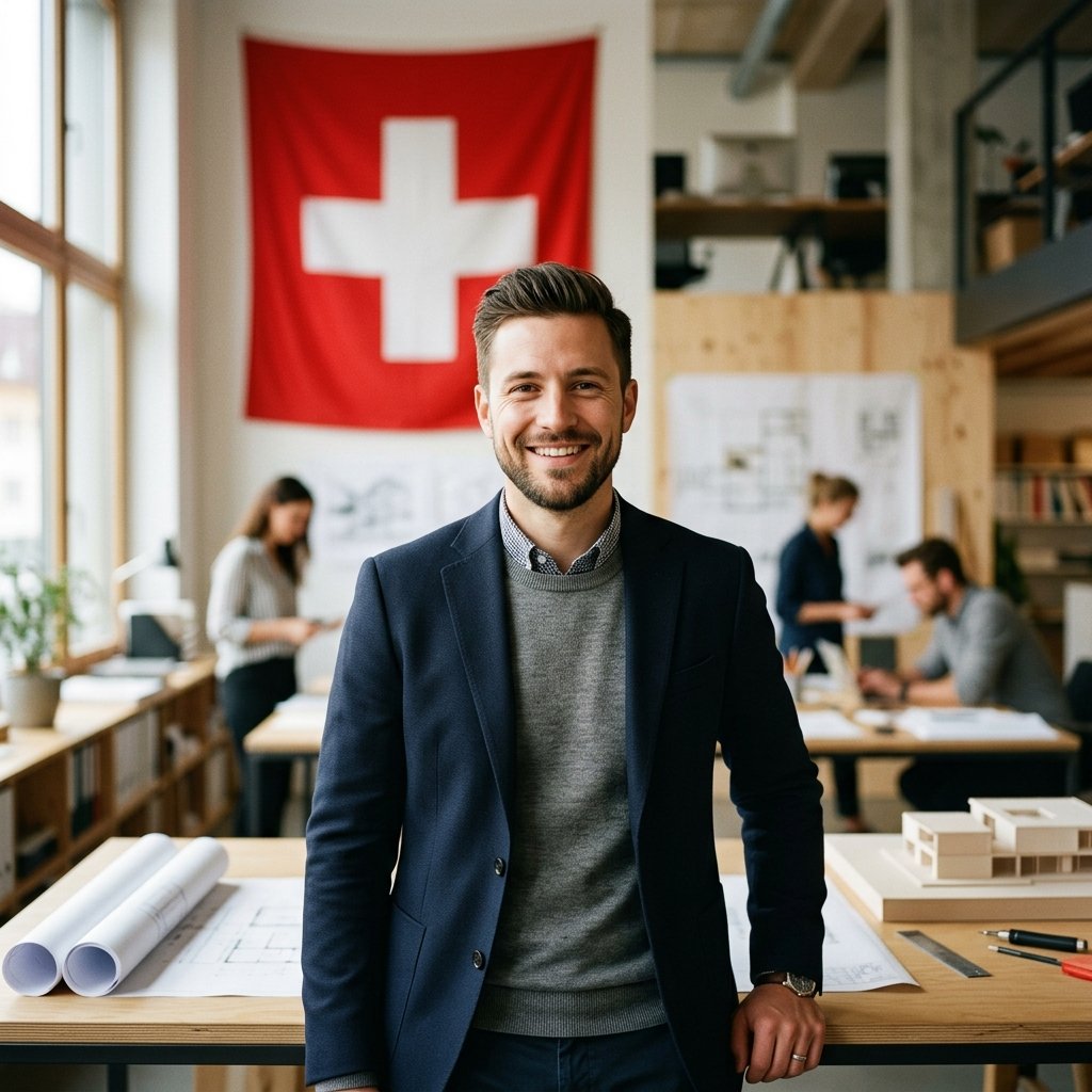 Architecte d'intérieur travaillant sur un projet en Suisse