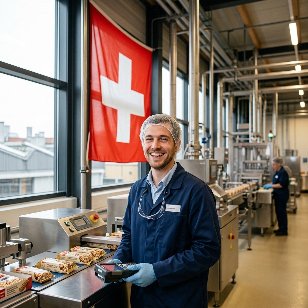 Opérateur agroalimentaire sur une ligne de production en Suisse